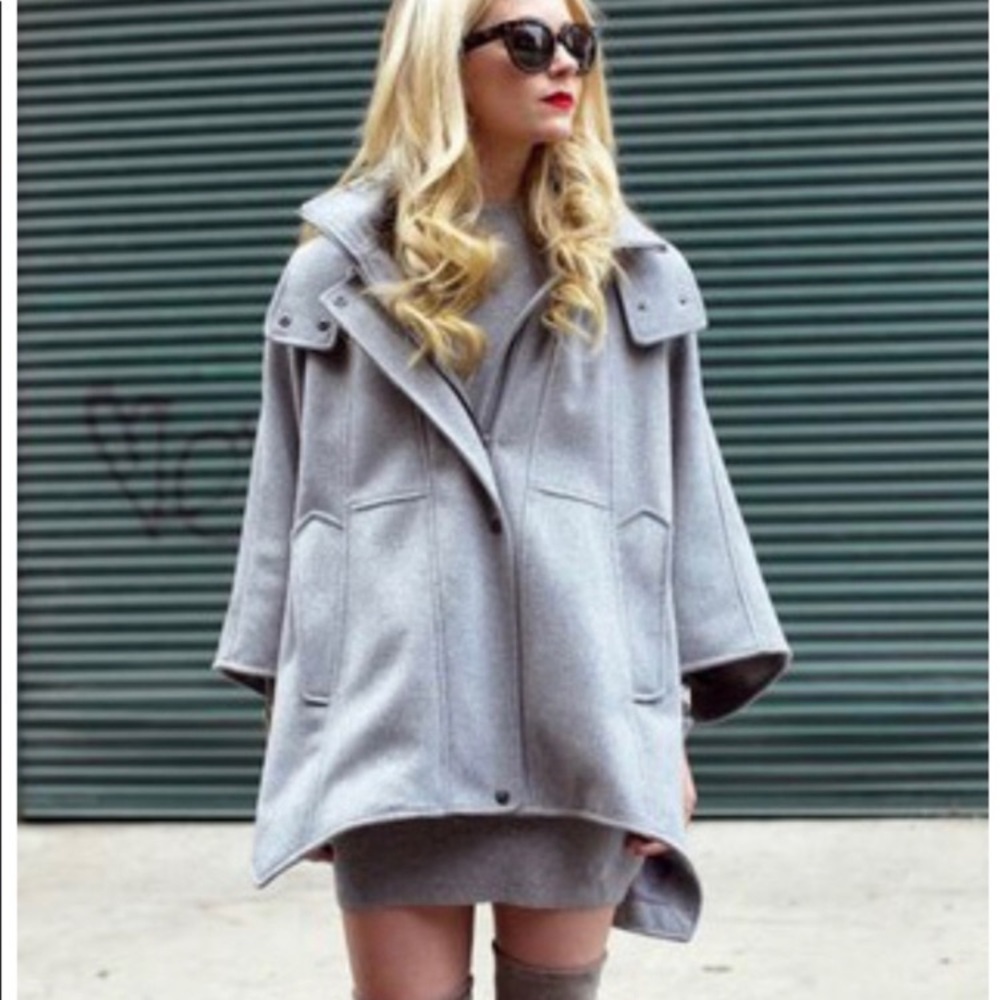 DKNY Light Gray Wool Cape Coat with Snap Front